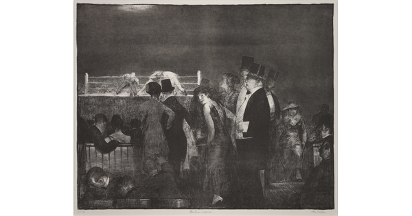 A black-and-white print of a group of nicely dressed people watching a boxing match.
