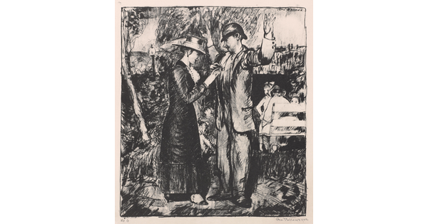 A black-and-white print of a woman buttoning up or affixing something to the jacket of a soldier who stands with his hands raised.
