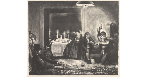 A black-and-white print of a group of seated figures in a room with a spread of food on a table, while in the room behind them people pray around a person laying on a bed lit by candles.