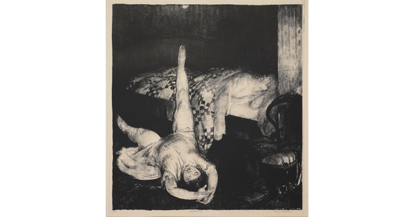 A black-and-white print of a figure in a bed tucked under a quilt and a female figure lying on the floor with one leg propped up on the bed.