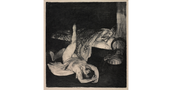 A black-and-white print of a figure in a bed tucked under a quilt and a female figure lying on the floor with one leg propped up on the bed.