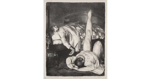 A black-and-white print of a figure in a bed tucked under a quilt and a female figure lying on the floor with one leg propped up on the bed.