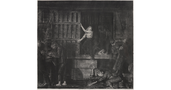A black-and-white print of people, mostly in shadows, emerging from a dark boxcar as, in front of the boxcar, an officer holds down a person on the ground with his boot and a rifle.