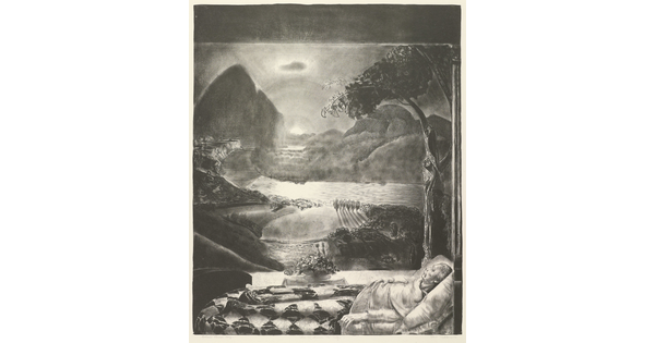 A black-and-white print of elderly man in bed in the foreground looking toward an expansive, idyllic nature scene of a river and the sun peeking from behind the hills.