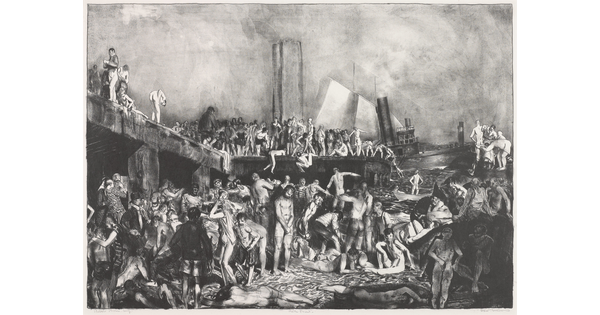 A black-and-white print of a crowd of mostly men, nude or in swimsuits, on a dock near the banks of a river.
