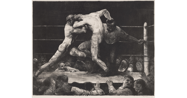 A black-and-white print of two men boxing next to a referee inside a ring as spectators watch.