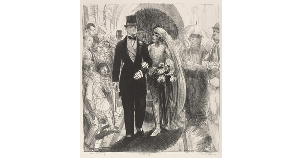 A black-and-white print of a groom and bride walking arm-in-arm out of a church with people on either side of them.