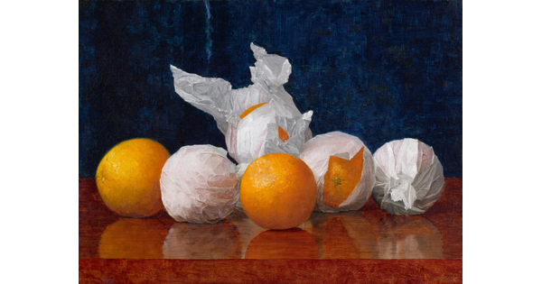 A still life oil painting of oranges, some wrapped in tissue paper, on a shiny mahogany table.