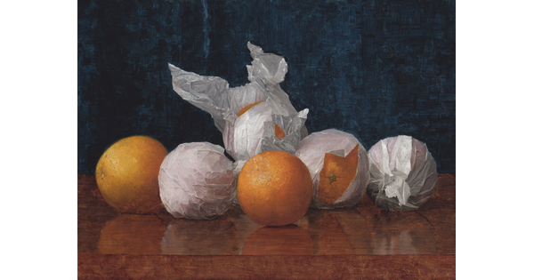 A still life oil painting of oranges, some wrapped in tissue paper, on a shiny mahogany table.
