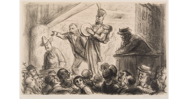A black-and-white sketch-like print of people performing in a Vaudeville-like show before a crowded audience.