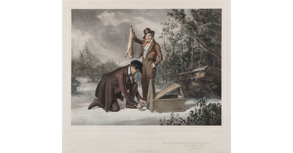 A color print of a White man setting a trap while another holds up a dead rabbit up in a snowy landscape.