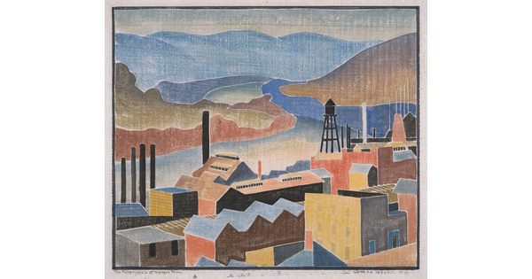 A brightly-colored print of factories and buildings along a river that winds off into distant mountains.