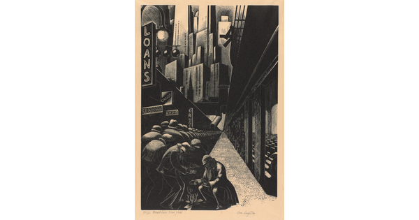 A black-and-white print of people warming their hands over a fire at the end of a long line of people in a city with a stylized backdrop of skyscrapers.