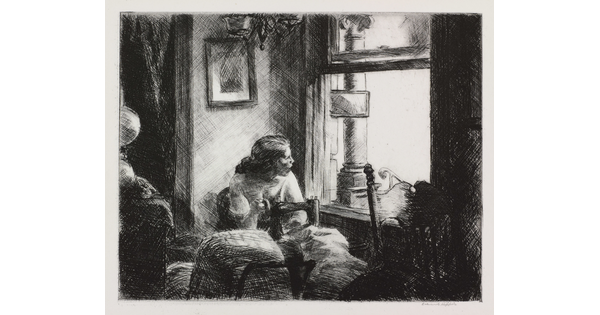 A black-and-white etching of a woman sitting at a sewing machine, looking out a window.