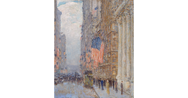 An oil painting of a New York City street filled with people, cars, and American flags hanging from buildings on both sides of the street.