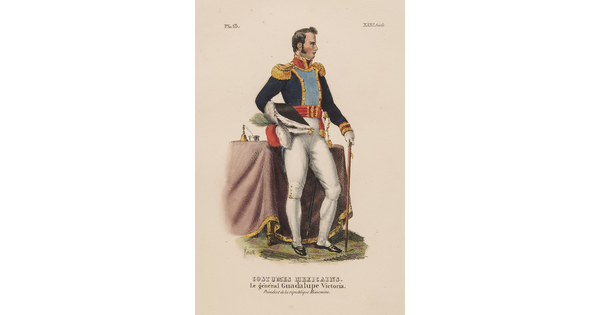 A color print of a standing White man wearing a Mexican military uniform.