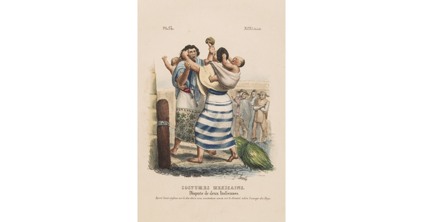 A color print depicting a dispute between two Mexican women in traditional dress holding their babies on their backs.