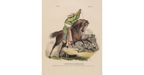 A color print of a person wearing green pants and jacket on horseback, jumping over a fallen person.