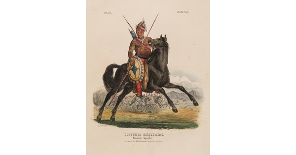 A color print of an Indigenous man on horseback, with a painted shield, face paint, spear, and bow and arrows on his back.