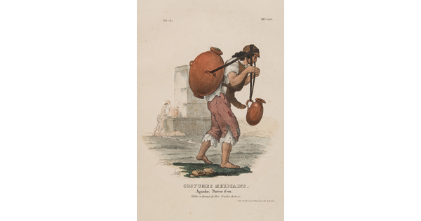 A color print of a person in ragged clothing carrying heavy, clay jugs strapped to his back and hung from his head.