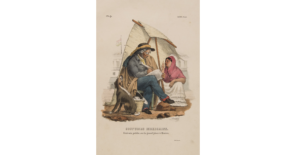 A color print of a older man with paper and quill in conversation with a young woman under a makeshift tent on a plaza.