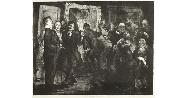 A black-and-white print of a crowded art gallery filled with men looking closely at framed artworks. 