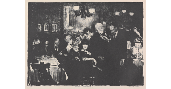 A black-and-white print of the interior of a bar or restaurant filled with men and women seated at tables or standing and talking.