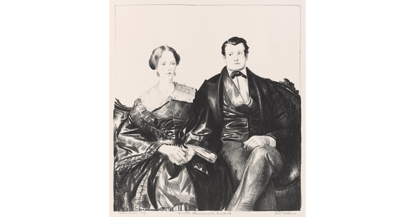 A black-and-white print of a fancily-dressed White woman sitting next to a dapperly-dressed White man whose hand is in her lap.