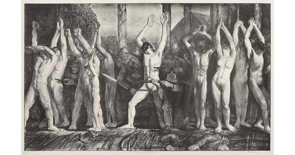 A black-and-white print of a group of nude White people holding their hands up as soldiers behind and between them aim guns and bayonets. 