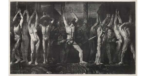 A black-and-white print of a group of nude White people holding their hands up as soldiers behind and between them aim guns and bayonets. 