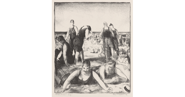 A black-and-white print of people crammed together on a sandy beach.