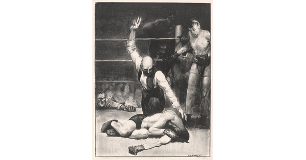 A black-and-white print of a referee kneeling over a boxer counting down with the opponent and coaches in the background.