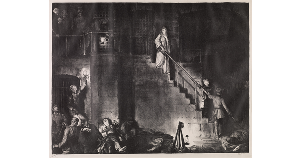 A black-and-white print of a woman dressed in a white robe descending a prison staircase surrounded by standing and reclining guards and prisoners.