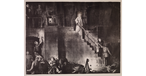 A black-and-white print of a woman dressed in a white robe descending a prison staircase surrounded by standing and reclining guards and prisoners.