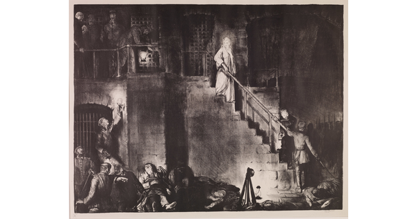 A black-and-white print of a woman dressed in a white robe descending a prison staircase surrounded by standing and reclining guards and prisoners.