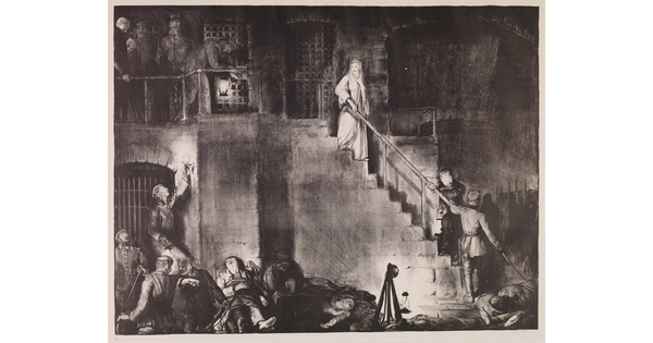 A black-and-white print of a woman dressed in a white robe descending a prison staircase surrounded by standing and reclining guards and prisoners.