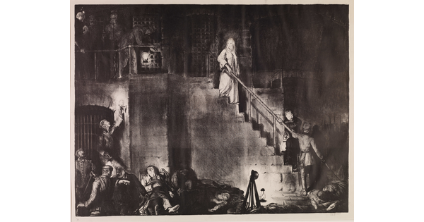 A black-and-white print of a woman dressed in a white robe descending a prison staircase surrounded by standing and reclining guards and prisoners.