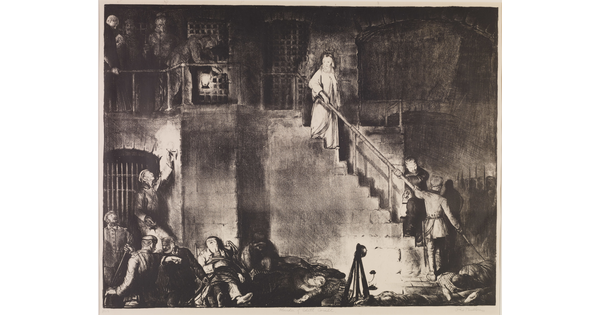 A black-and-white print of a woman dressed in a white robe descending a prison staircase surrounded by standing and reclining guards and prisoners.