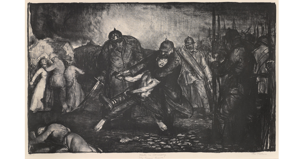 A dark, black-and-white print of soldiers violently rounding up citizens.