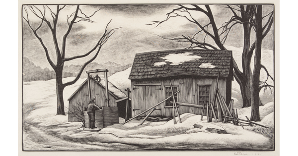 A black-and-white print of a man by a water well next to a wooden barn in a snowy landscape.