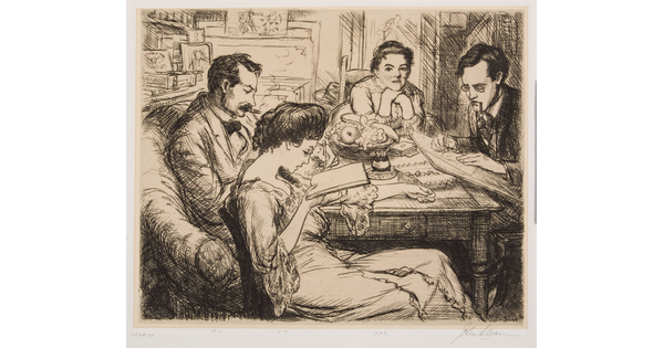 A black-and-white print of two White men and two White women sitting around a cluttered table in a cozy room and engaging in individual activities.