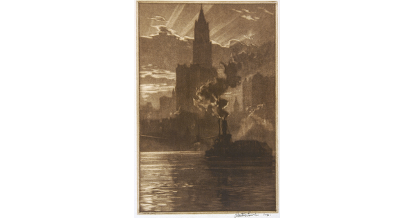 A black-and-white print of a ship on the water, smoke bellowing from its stacks, in front of city filled with tall buildings, the sun shining from behind clouds.