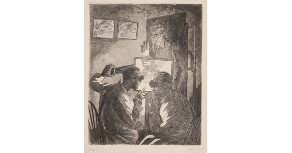 A black-and-white print of two seated doctors wearing safety glasses reviewing a screen showing a ribcage, and a man standing behind the screen.