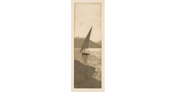 A vertically-oriented black-and-white print of a sailboat on calm, sparkling water in front of a snow-capped mountain.