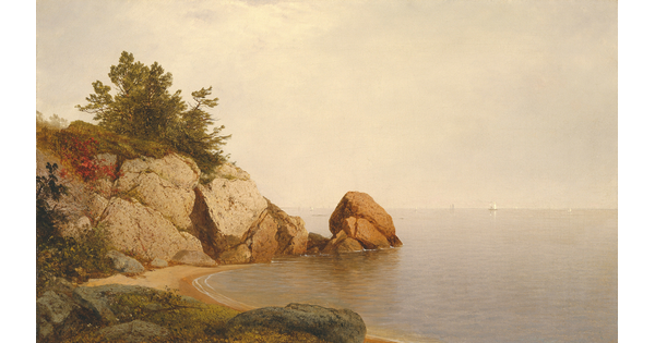 An oil painting of a quiet cove surrounded by large rocks with sailboats in the distance.
