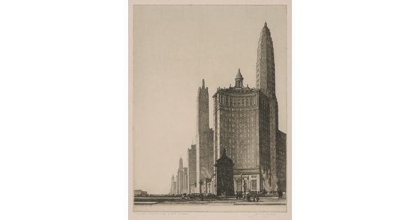 A black-and-white print of city skyscrapers and architecture as seen from an ant's-eye view.