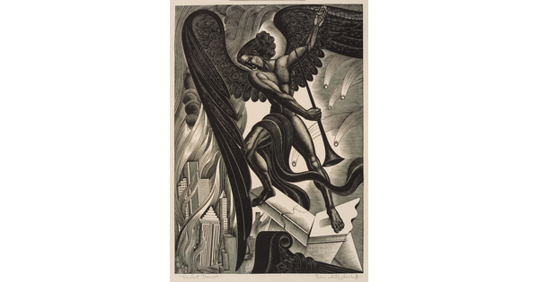 A black-and-white print of a nude, muscular angel holding a trumpet looking down at city buildings that are engulfed by flames.