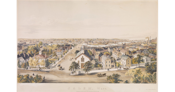 A color print of an aerial view of a town featuring houses and tree-lined gridded, dirt roads near a waterway.