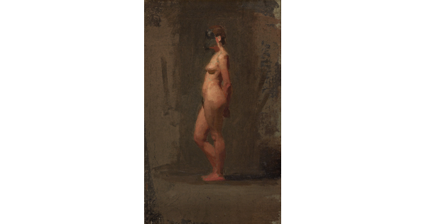 An oil painting of a nude White woman, face masked in black, in profile against a dark background.