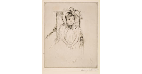 A black-and-white print of a seated young White girl in a large bonnet with a bow on top.